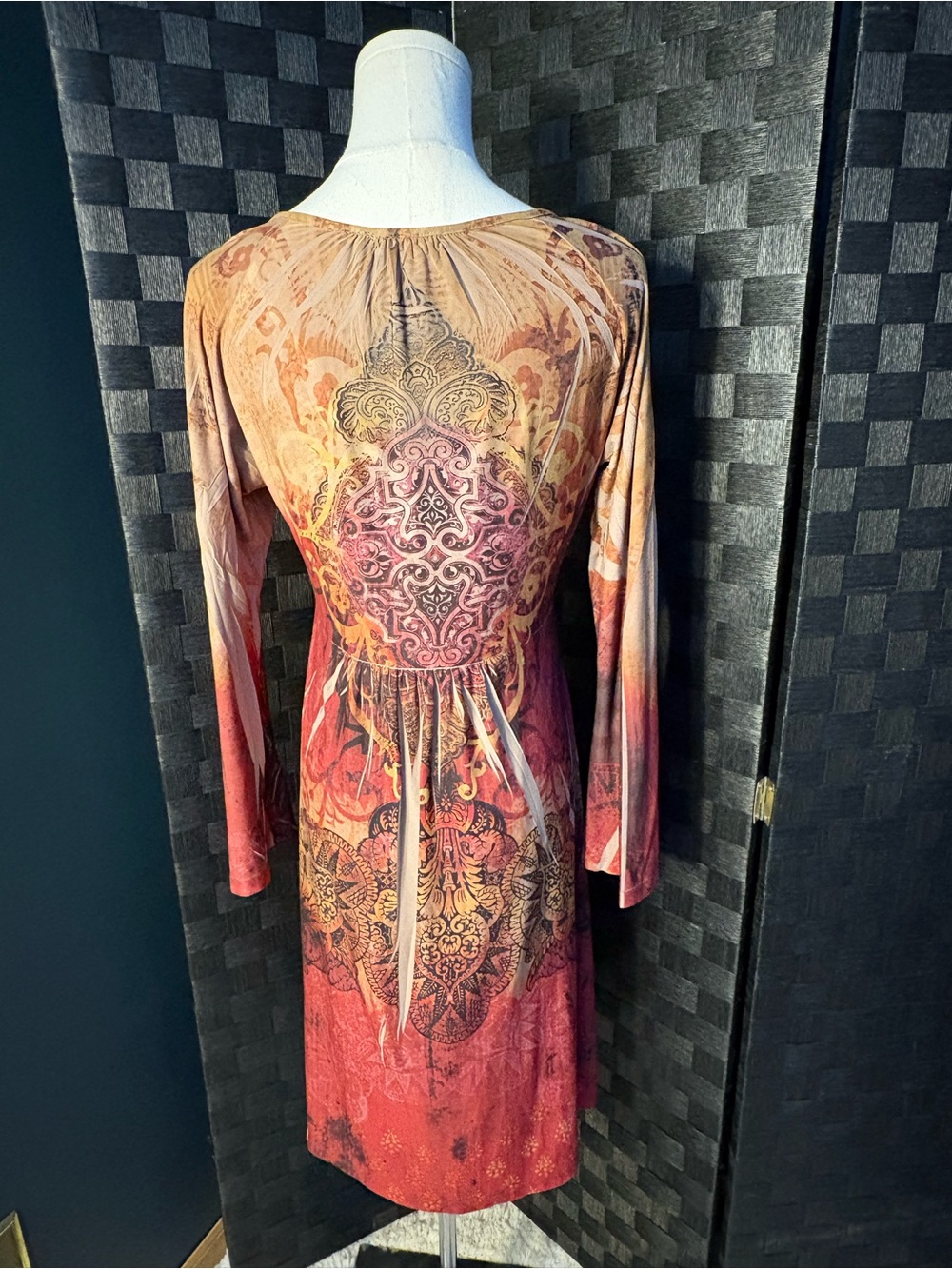 Y2K Grunge Fairycore Boho Tattoo Long Sleeve Smocked Imperial Waist Midi Dress L - Picture 4 of 6